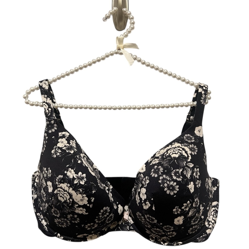 Cacique Intuition Plunge Bra 40H Black Floral Print